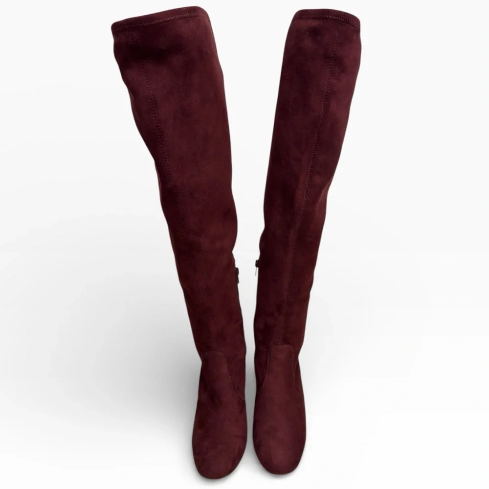 BCBGeneration Aliana Burgundy Over The Knee Stretch Boots Gold Heel Womens US 8